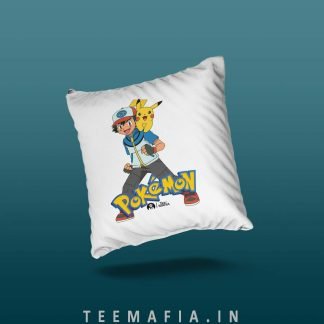 Tee Mafia Pokemon Designed Satin Cushion and Cover with Print (Standard Size, White)